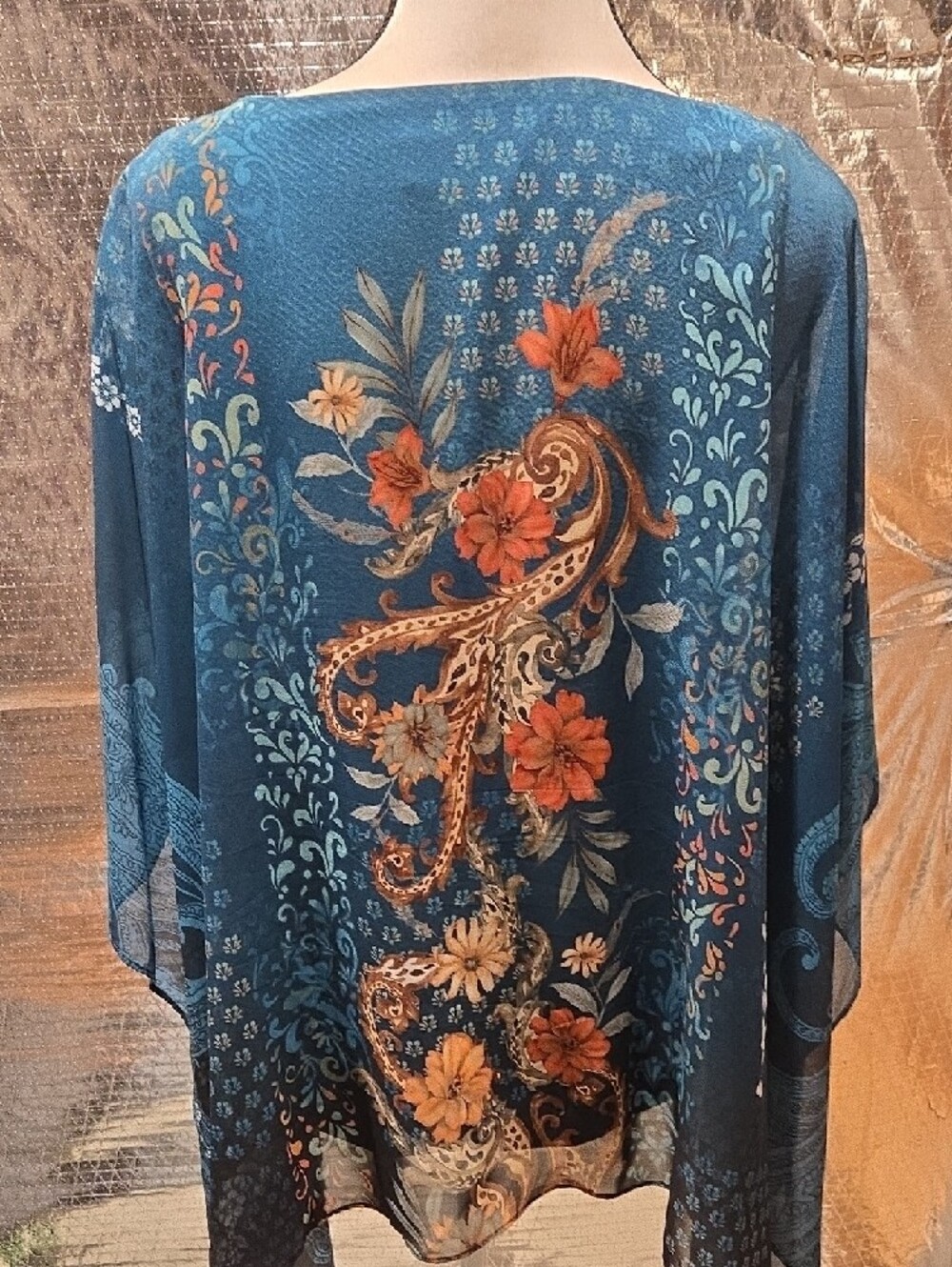 JM Collection Teal Blue Floral Paisley Tunic Top - Picture 4 of 7